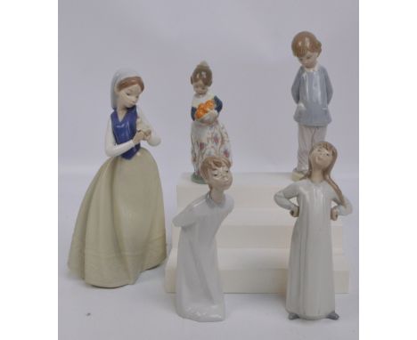 Three Lladro figures to include a girl carrying oranges and a boy with a ball, and two Nao examples to include a woman playin