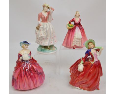 Three Royal Doulton figures; HN1962 "Genevieve", HN1934 "Autumn Breezes" and "HN1537 "Janet" (second quality) and a Royal Wor