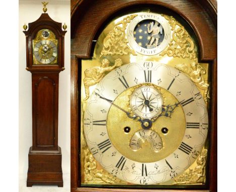 A George III oak longcase clock, the arched pediment above brass dial set with silvered chapter ring inscribed "WM.Kent, Saff