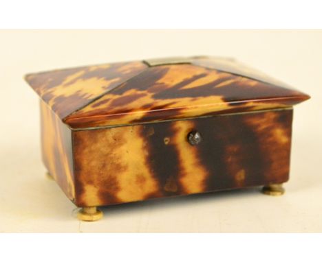 A 19th century tortoiseshell trinket box of rectangular form with vacant cartouche to the hinged caddy top lid, raised on fou