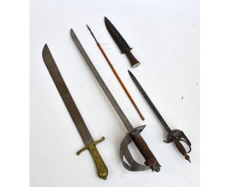 A brass gripped knife, length 59cm, a dagger modelled as a sword, length 42cm, a small dagger in leather scabbard, length 28c