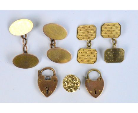 Two pairs of 9ct yellow gold cufflinks, one of rectangular form with canted corners and engine turned decoration, a gold text