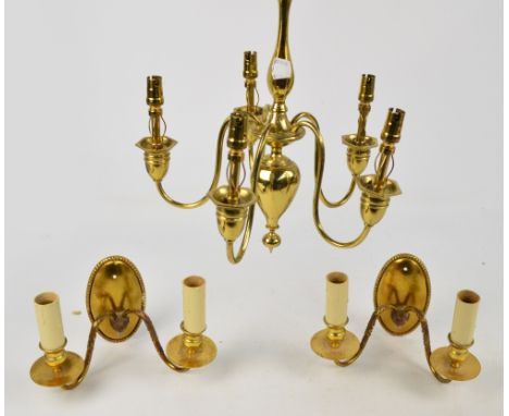 A brass ceiling lamp with five scrolling branches and urn shaped drop, height 36cm, and a pair of two branch wall lights with