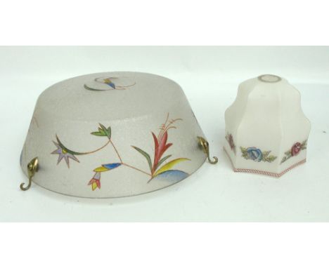 An Art Deco glass floral decorated circular ceiling lamp shade, diameter 36cm, and a smaller white opaque glass table/wall mo