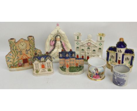 A group of five Staffordshire ceramic houses including Stanfield Hall and a figure of Richard III, also two 19th century porc