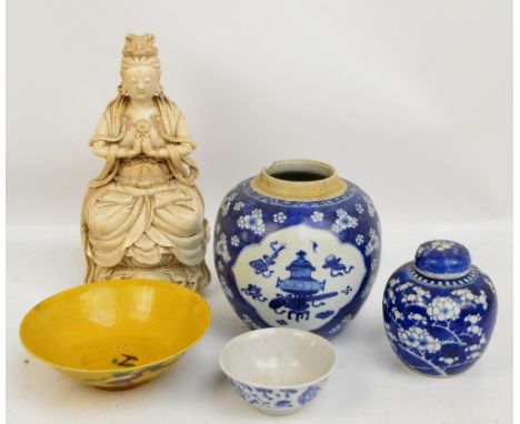 A late 19th/early 20th century Chinese porcelain ginger jar painted in underglaze blue with four main panels depicting variou