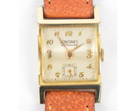 LONGINES; a 10ct yellow gold filled cased manual wind Wittnauer gentleman's wristwatch, the rectangular dial set with applied