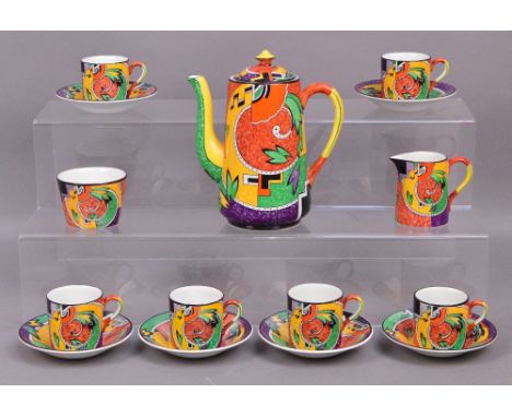 ROYAL WINTON; an Art Deco "Jazz" coffee set comprising coffee pot, six coffee cans, six saucers, jug and bowl, printed marks 