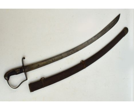 A 1796 pattern light cavalry sword with wooden grip, simple knuckle guard, shell mounded mount, curved blade and leather and 