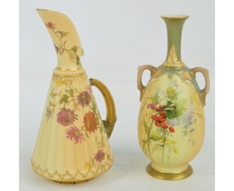 A Royal Worcester blush ivory porcelain jug of conical form with hand painted and gilt heightened floral sprays, with shaped 