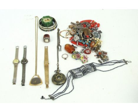 A collection of costume jewellery including bangle, bead necklaces, rings, brooch, watches, etc.