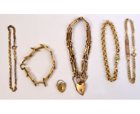 A collection of 9ct yellow gold bracelets including a belcher chain, length 15cm, a small ID bracelet, length 16.5cm, a plait
