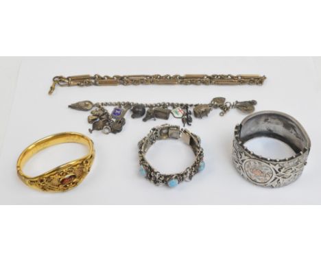 A small quantity of jewellery including a silver hinged broad bangle, charm bracelet, bracelet, plated bangle and a fob chain