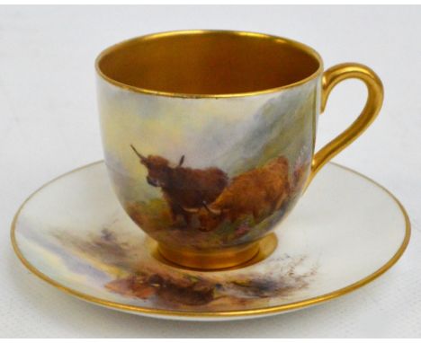 A Royal Worcester porcelain cabinet cup and saucer with gilt interior, hand painted with Highland cattle by Harry Stinton, si