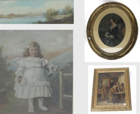 G. TREVOR; gouache, expansive river landscape, signed, 23 x 74cm, framed and glazed, a decorative oil interior scene of figur