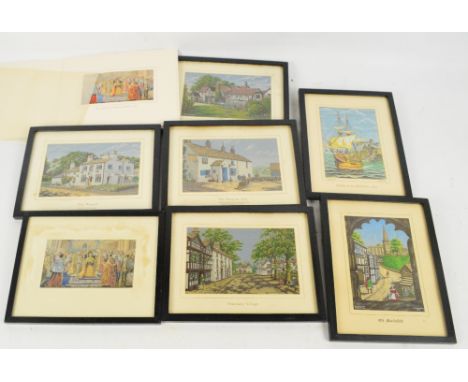 Eight Brocklehurst-Whiston Macclesfield silks; "Gawsworth Old Rectory", "Sailing of the Mayflower 1620", "The Hanging Gate", 
