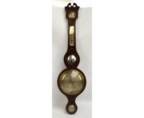 A 19th century mahogany and satinwood string inlaid five dial barometer/thermometer by Underhill of Newport, with broken swan