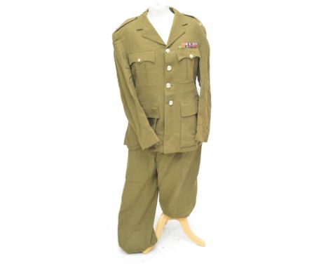 A WWI British Army Officer's jacket and trousers set with a double ribbon and buttons.