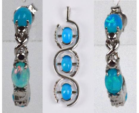 TGGC; a pair of sterling silver C-shaped ear studs, each set with three oval opal cabochons, and a similar pendant (2).