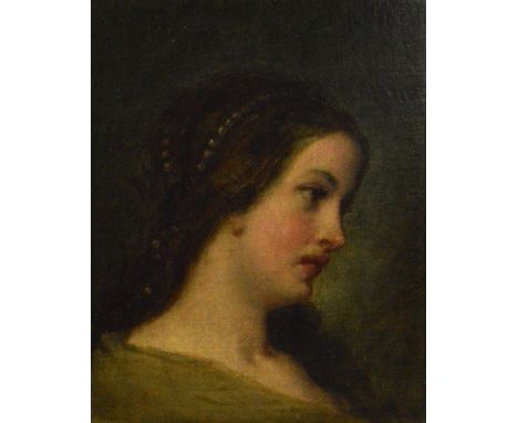 UNATTRIBUTED (19th century); oil on canvas, portrait of a girl with pearl beads in her hair, unsigned, 28 x 21.5cm, framed. C