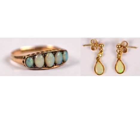 A pair of 9ct yellow gold opal and diamond drop ear studs, approx 1.3g, and a yellow gold five stone graduated opal ring (2).