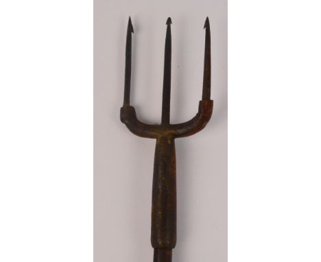 A c.1900 hickory shafted poacher's fishing trident spear, by Mitchell of Manchester, length 113cm.