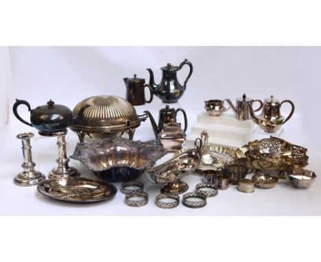 A quantity of electroplated items to include a gadrooned decorated roll top dish, a basket with swing loop handle, a pair of 