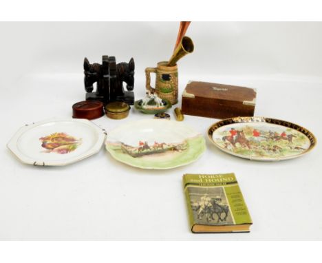 A small quantity of collectors' items including a silver mounted cigar box, small quantity of ceramics, a copper hunting horn