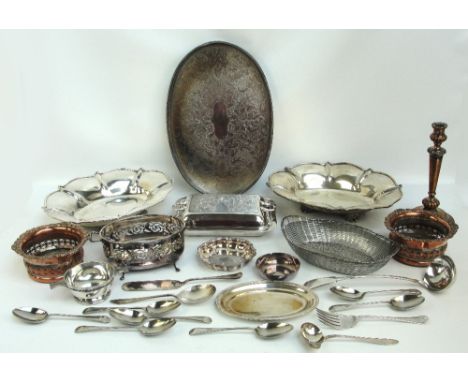 A quantity of silver plated items including an oval galleried tray, entree dish, pair of bottle coasters, candlestick, pair o