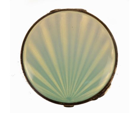 A George VI hallmarked silver and guilloche enamel compact, the circular hinged lid with pale blue enamel over sunrise engine