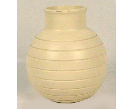 KEITH MURRAY for WEDGWOOD; a white glazed earthenware moonstone vase of globular form with ribbed decoration and raised rim, 