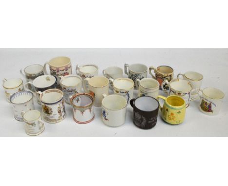 A collection of various ceramic royal commemorative mugs including a Victorian transfer decorated example, a Burleighware Geo