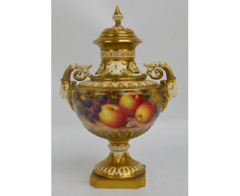 A pre-1976 Royal Worcester porcelain twin handled vase and cover hand painted with apples and berries by Harry Ayrton, signed