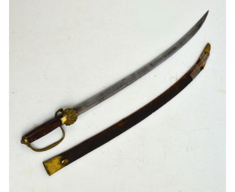 A mid 18th century hunting sword, the ribbed wooden grip with plain knuckle guard, curved blade, and with metal scabbard, len