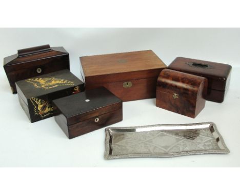 A collection of various wooden boxes including an early 19th century mahogany sarcophagus shaped tea caddy with mother of pea