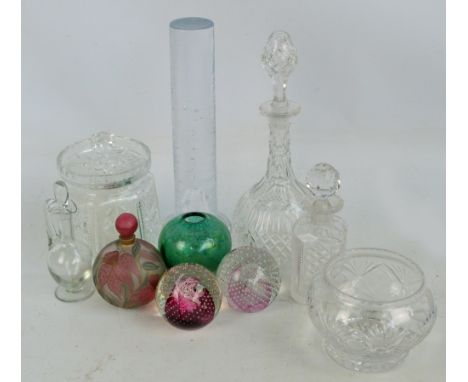 A small group of glass including Kosta Boda clear glass candlestick, a a globular floral decorated scent bottle, impressed in