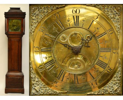 THOMAS LISTER OF LUDDENDON; a mid 18th century oak cased thirty hour longcase clock with caddy top above square brass face wi