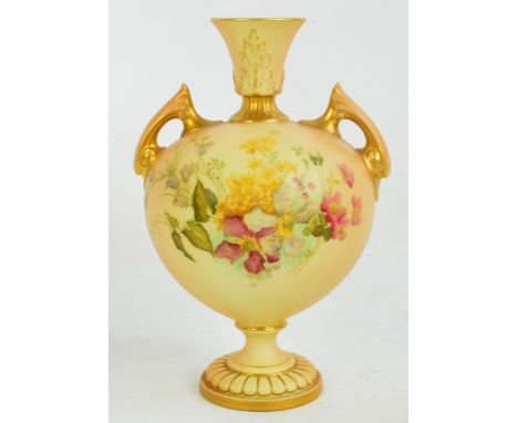 A Royal Worcester blush ivory porcelain vase of globular form, hand painted and gilt heightened with floral sprays, with bell