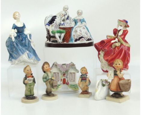 Two Royal Doulton figures; HN2335 "Hilary" and HN1834 "Top O'The Hill", a Continental porcelain figure group, a Royal Doulton