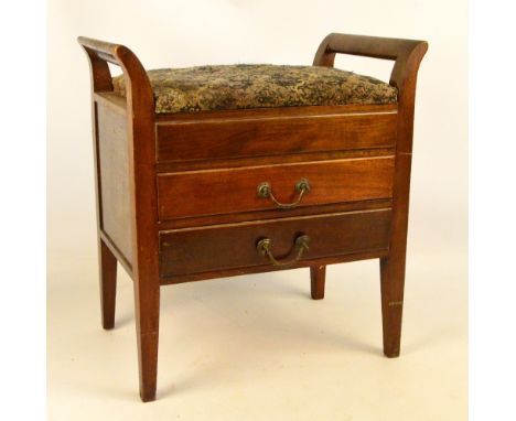 An early 20th century mahogany box seat piano stool with 2 sheet music drawers beneath the seat