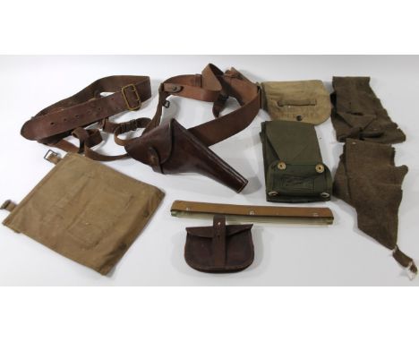 A WWI Sam Brown army belt with pistol holster, named to A J White, further belt, pouch, map holder and sundry militaria.