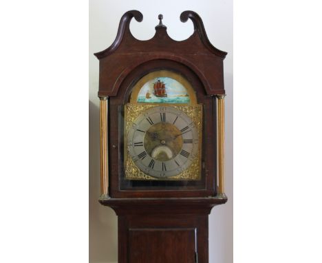 A principally 19thC longcase clock, the 26cm arched brass ship rolling dial signed William Blight, Plymouth, with silvered Ar