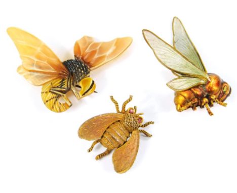 An Art Deco enamel bee brooch, 1930's carved horn hornet brooch and a further insect brooch. (3)