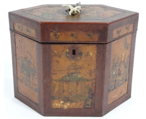 A Regency mahogany and Japanned lacquer hexagonal tea caddy, decorated with panels of oriental figures, pagodas and exotic bi