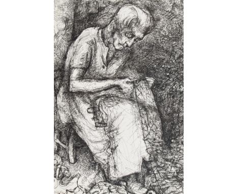 C.M. Griffiths.  A portrait of a woman mending fishing nets, pen and ink, signed 30cm x 24cm.