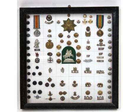 Various war and army related Irish buttons, badges, medals, etc., to include WWI Victory and Campaign medals, Quis Separabit 