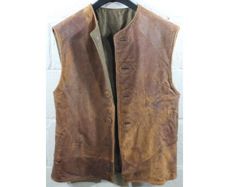 A mid 20thC army issue tanned leather sleeveless waistcoat, with lined interior, probably WWII, size unknown.