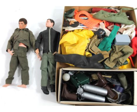 Various early and vintage Action Man figures, one in khaki uniform, 30cm high, various other clothing, figures, accessories, 