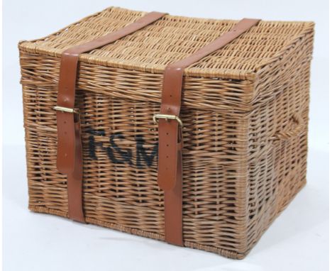 A large Fortnum & Mason wicker picnic hamper, with belt straps and two carrying handles, 68cm H, 50cm W,  48cm, D.