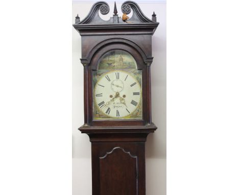 A 19thC longcase clock, the 28cm wide painted arched dial signed M Kistler, Penzance, with subsidiary Arabic second hand and 